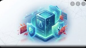 Футуристическая иллюстрация защиты системы Linux от программ-вымогателей в современном стиле для блога Лимоша Компьютерс