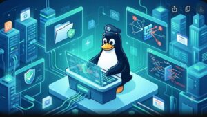 Современная иллюстрация с символикой Linux и защитным щитом для статьи о бесплатных антивирусах